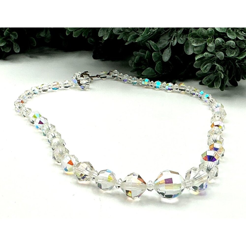 Vintage Aurora Borealis Crystal Beaded Necklace With Hook Clasp